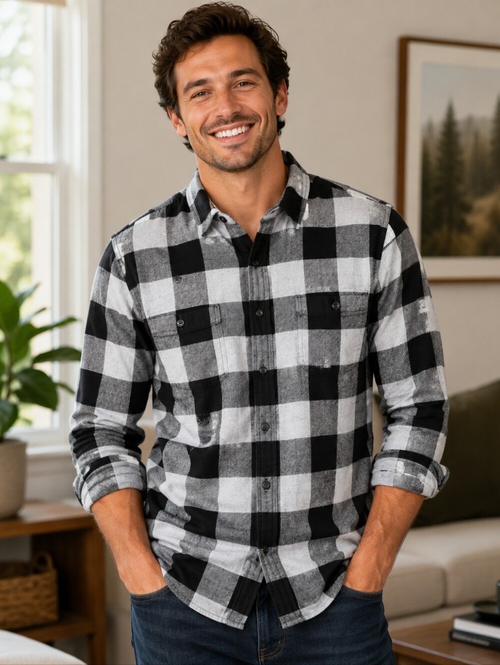 Sonoma Goods For Life Men's XL Black/Gray Plaid Flannel Cotton Button-Up Pockets